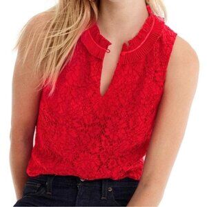 J.Crew Red Lace Ruffle Neck Sleeveless Top Christmas Holiday Preppy Sz S